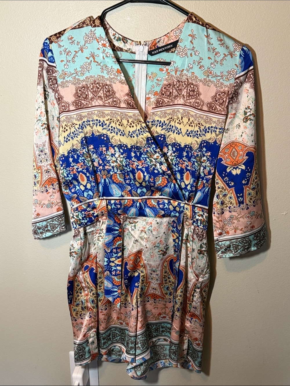 Kash New York Blue Multi Paisley Wrap Romper with Tie Waist